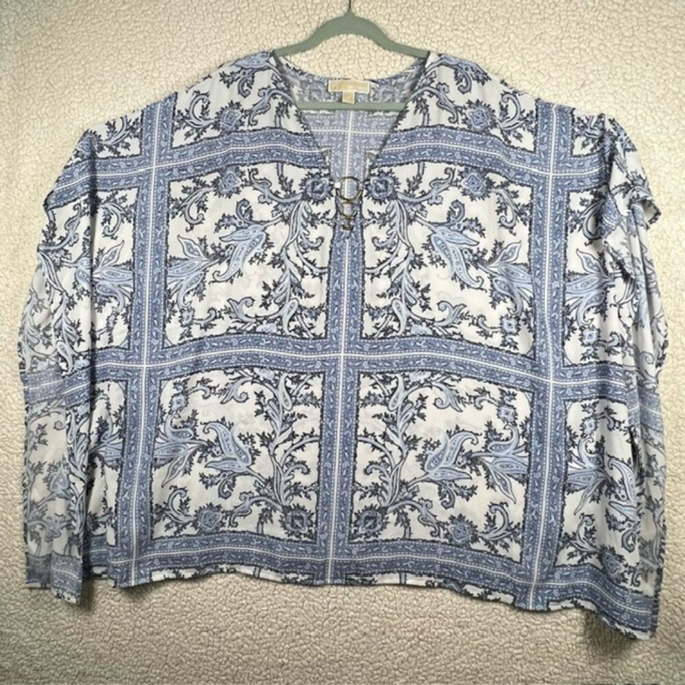 Michael Kors 3-Ring Flutter Top, Blue and White Florals, Size 3X